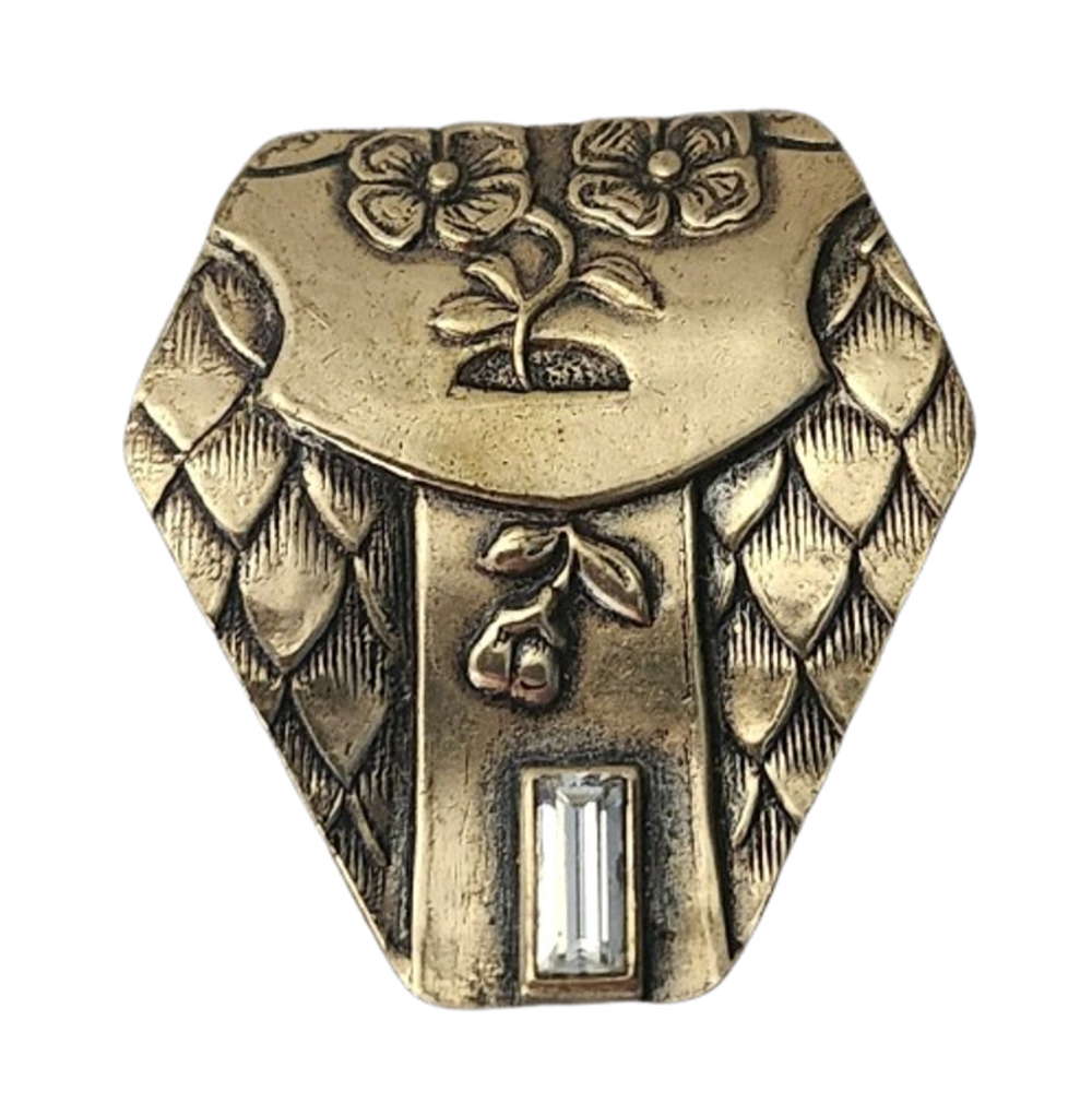 Vtg 1940s Retro Floral Scales Shield Brooch Metal Baguette Rhinestone Pin Brooch